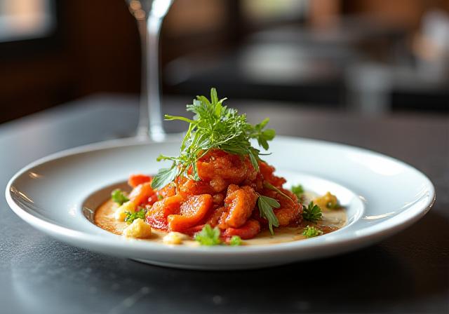 Piatto gourmet finemente decorato su un tavolo elegante