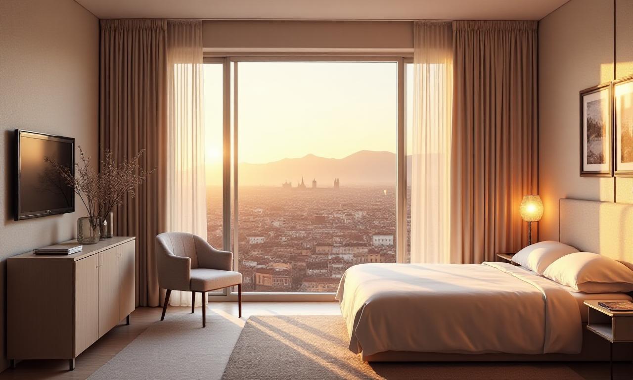 Interni lussuosi della Suite Aurora con vista sulla città all'alba